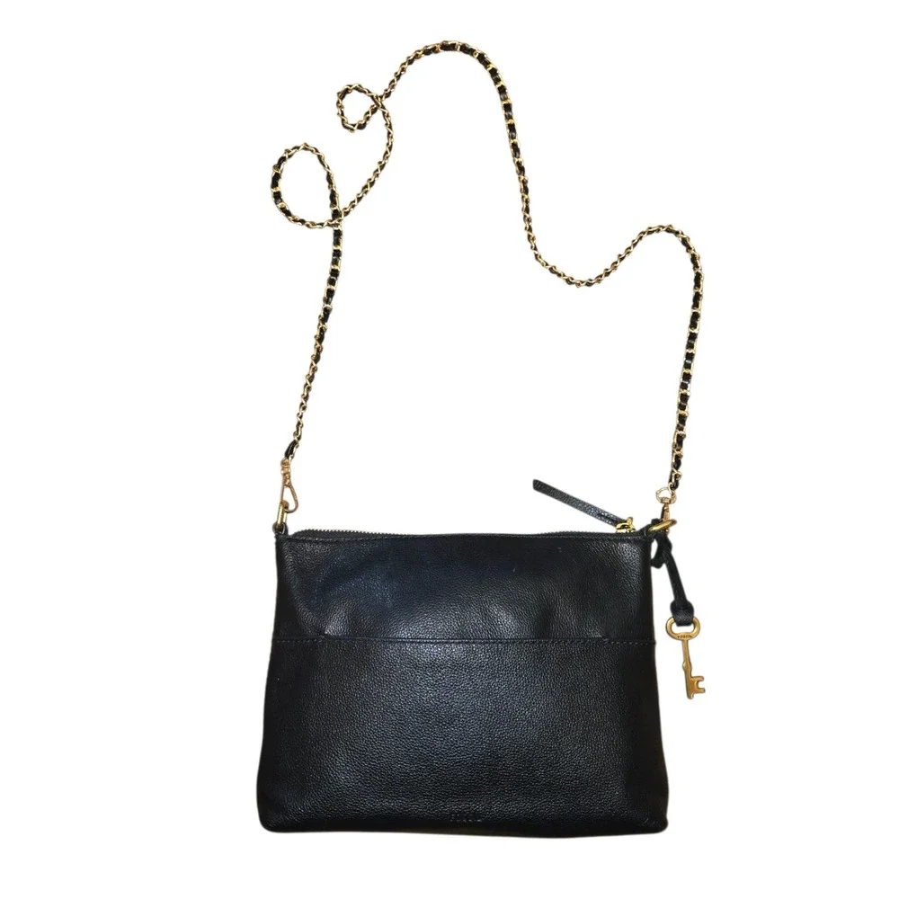 Fossil Fiona Crossbody Women Med Black Pebbled Leather ZB7266 Chain Strap READ